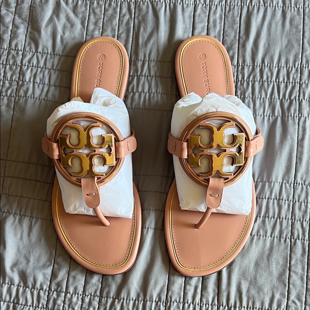 NEW IN BOX Authentic Tory Burch Metal Miller Sandals in Pink Moon/Gold Size 9